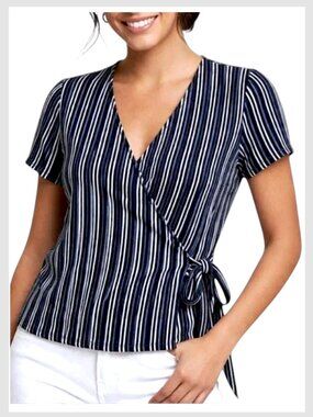 Lucky Brand Wrap Top Navy White Striped Side Tie S